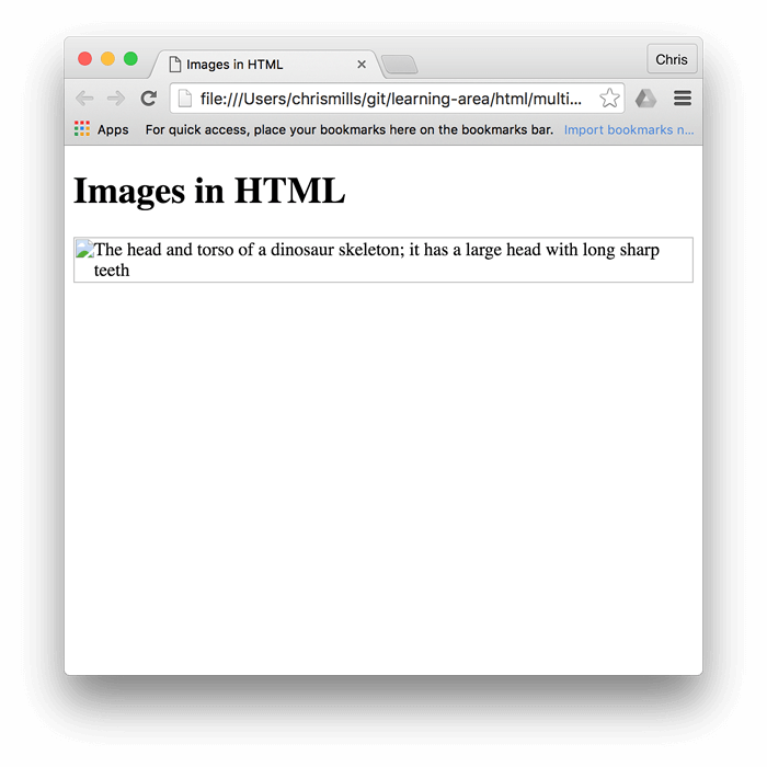 Der Titel "Images in HTML", aber dieses Mal wird das Dinosaurierbild nicht angezeigt, und an seiner Stelle steht der alt-Text.