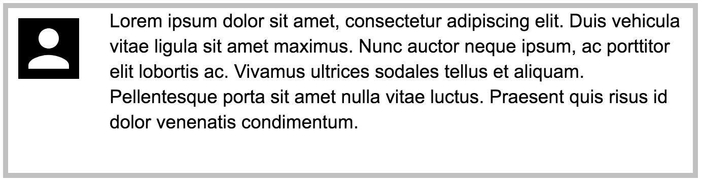 Exemple d'objet média avec une image de profil à gauche et un texte lorem ipsum à droite occupant 80 % de l'espace