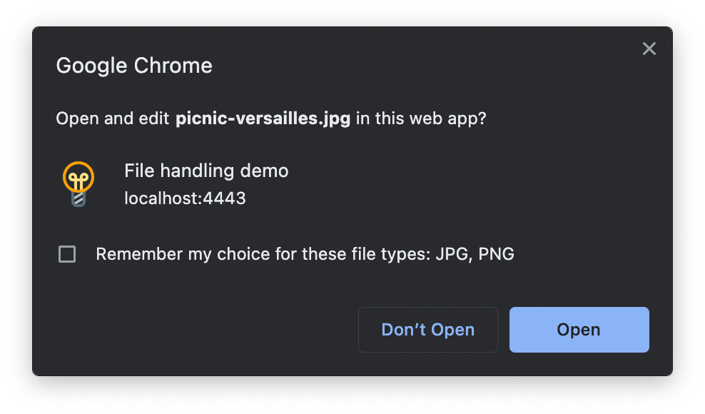 ファイルを処理するために PWA を起動する際の Chrome の警告ダイアログ