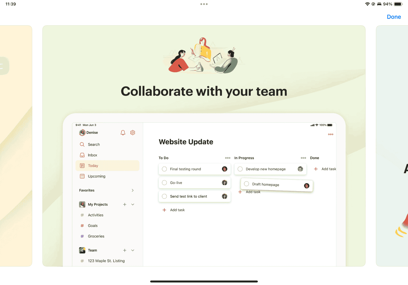 複数のスクリーンショットを広いギャラリービューで表示する iPad 上の Todoist アプリのリスト